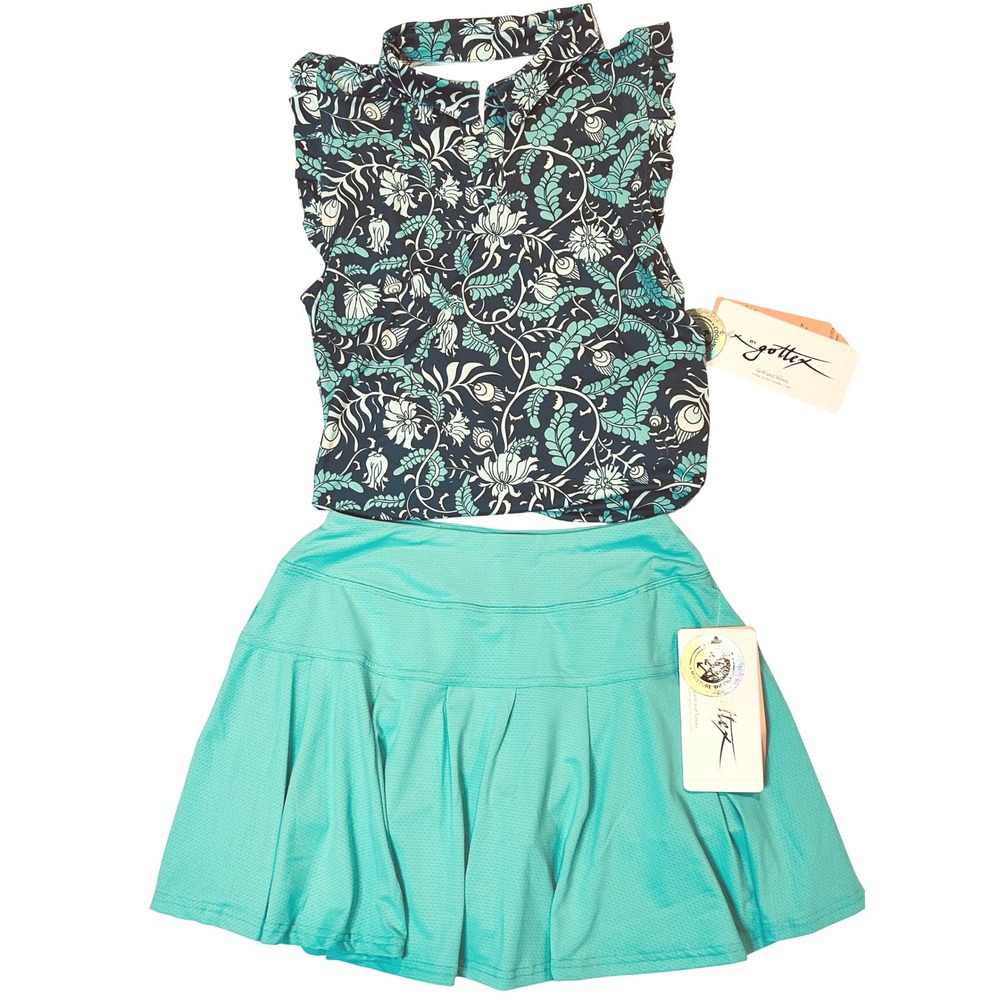 GOTTEX women's tennis golf pickleball shirt skirt set green NWT S M Floral print